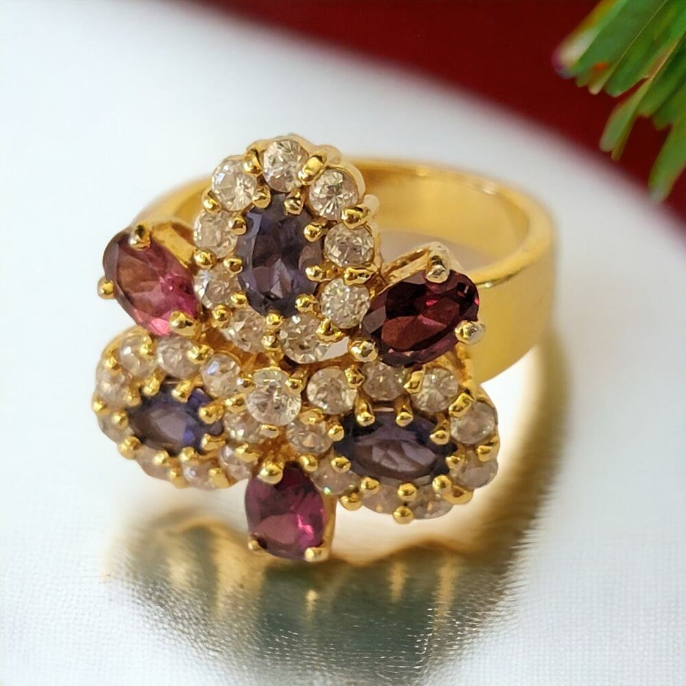 Vintage Silver Ring Gold Plated Amethyst Garnet Cluster Statement Ring 8.5